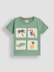 JoJo Maman Bébé Green Tropical Graphic 100% Cotton Printed & Plain T-Shirts 2 Pack - Image 2 of 7