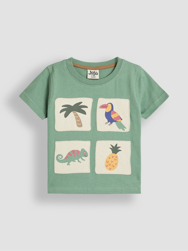 JoJo Maman Bébé Green Tropical Graphic 100% Cotton Printed & Plain T-Shirts 2 Pack - Image 2 of 7