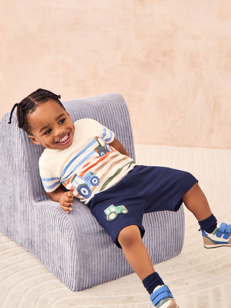 JoJo Maman Bébé Ecru Stripe Tractor Appliqué T-Shirt - Image 2 of 5