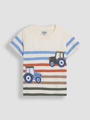 JoJo Maman Bébé Ecru Stripe Tractor Appliqué T-Shirt - Image 3 of 5