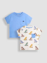 JoJo Maman Bébé Blue Scooting Dino 2-Pack Printed & Plain T-Shirts - Image 1 of 5