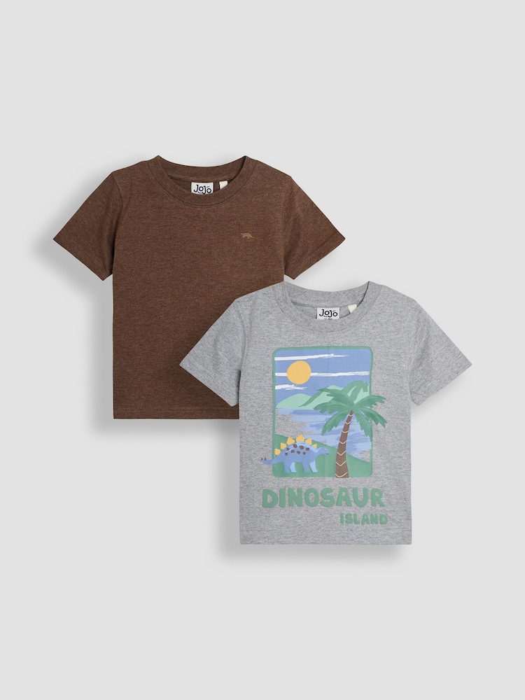 JoJo Maman Bébé Marl Grey Dino Island Graphic Printed & Plain T-Shirts 2 Pack - Image 1 of 8