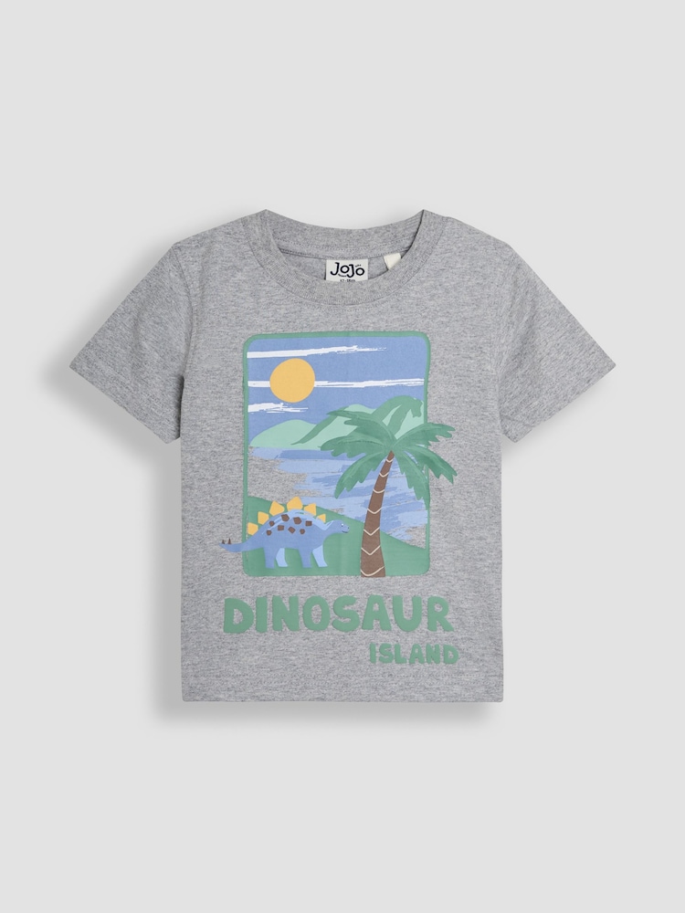 JoJo Maman Bébé Marl Grey Dino Island Graphic Printed & Plain T-Shirts 2 Pack - Image 2 of 8