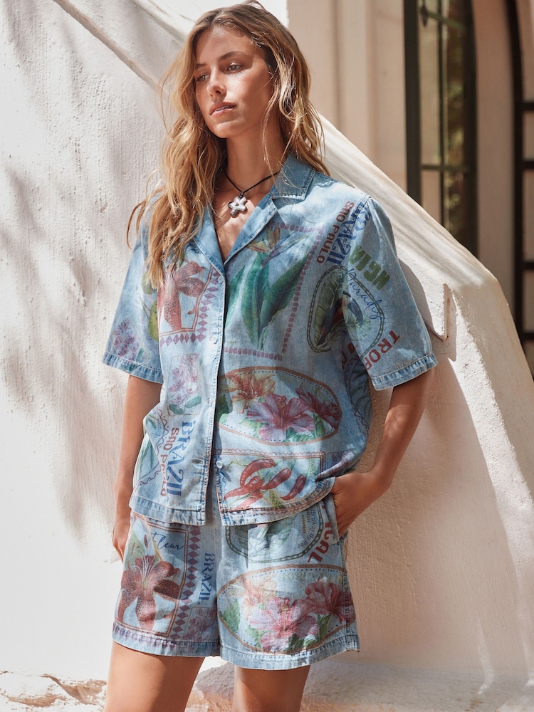 Postcard Print 100% Cotton Lightweight Denim Short Sleeve Shirt - Image 1 of 5