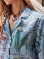 Postcard Print 100% Cotton Lightweight Denim Short Sleeve Shirt - Image 4 of 5