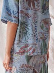 Postcard Print 100% Cotton Lightweight Denim Short Sleeve Shirt - Image 5 of 5