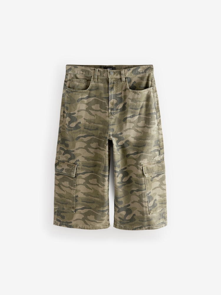 Camo Print Longline Jort Denim Shorts - Image 1 of 4