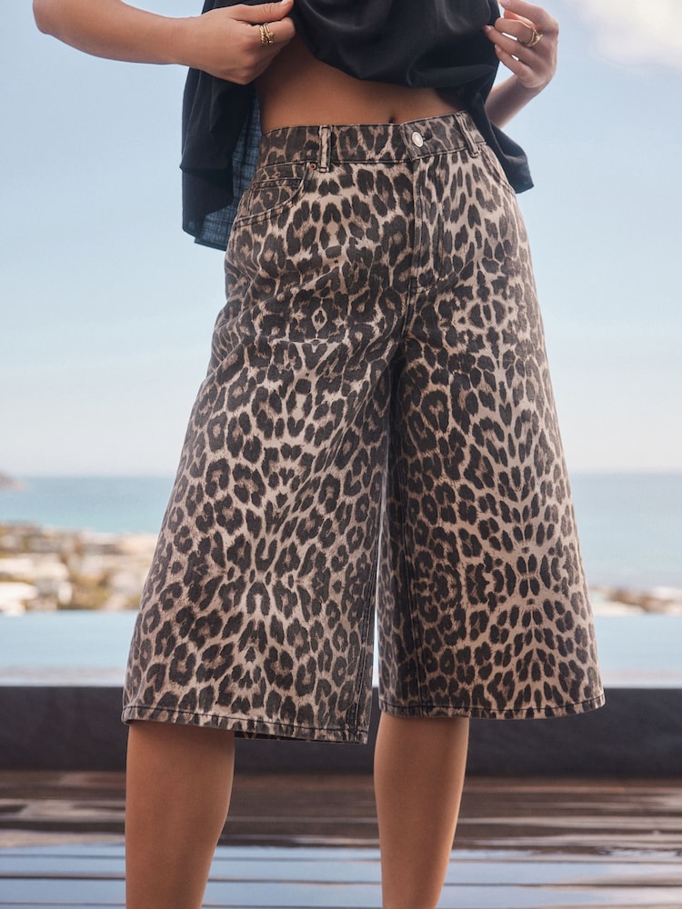Leopard Print Longline Jort Denim Shorts - Image 3 of 5