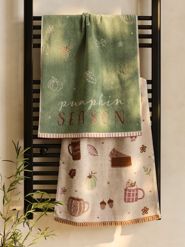 Set of 2 Multi Pumpkin Season 100% Cotton Hand Towels - Image 1 of 10 Set of 2 Multi Pumpkin Season 100% Cotton Hand Towels - Image 1 of 10