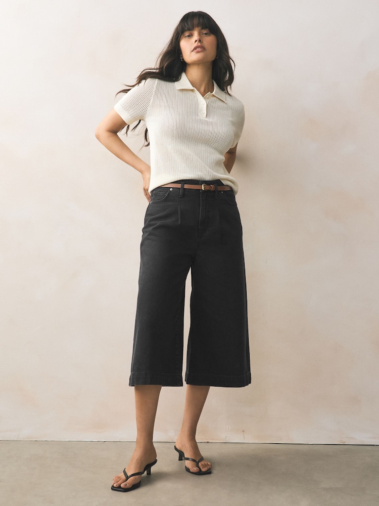 Black Pleated Front Denim Longline Shorts - Image 1 of 7