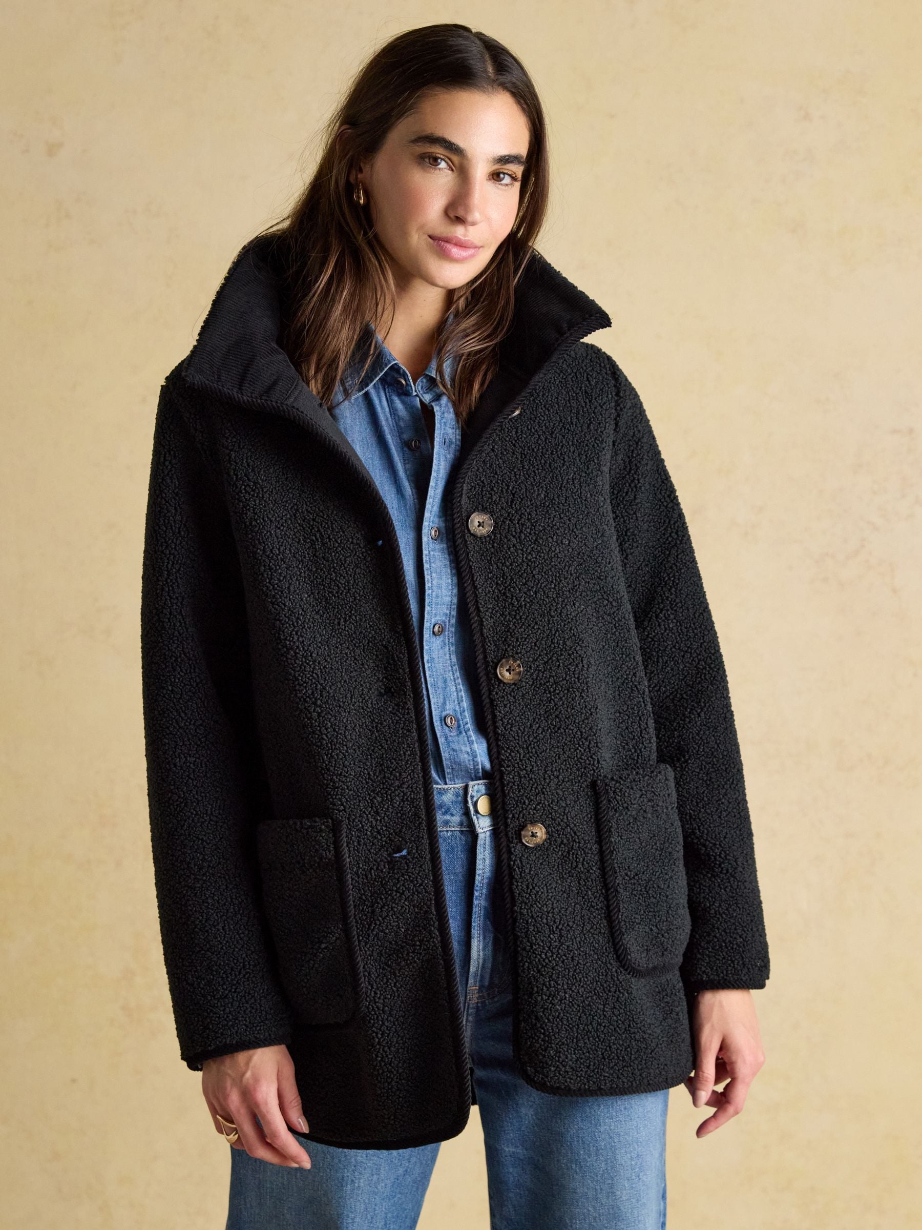 Buy Joules Sadie Black Longline Fleece Jacket with Button