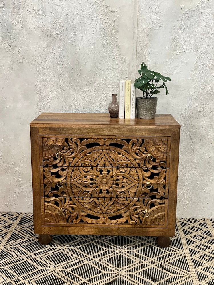 Kirei Home Natural Hand Carved Patterned 3 Drawer Chest - Image 1 of 6