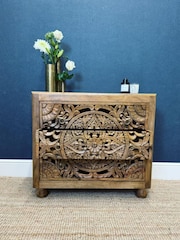 Kirei Home Natural Hand Carved Patterned 3 Drawer Chest - Image 2 of 6