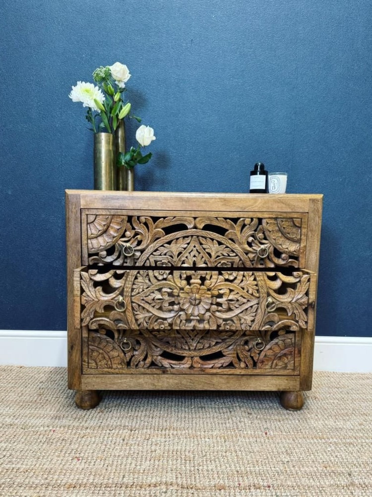 Kirei Home Natural Hand Carved Patterned 3 Drawer Chest - Image 2 of 6