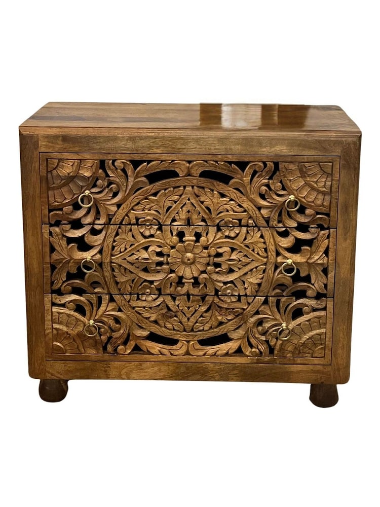 Kirei Home Natural Hand Carved Patterned 3 Drawer Chest - Image 6 of 6