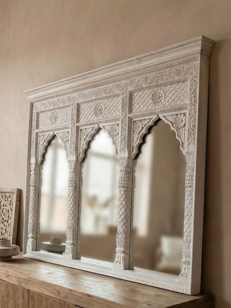 Kirei Home White Indian 3 Arch Mango Wood Mirror - Image 2 of 4