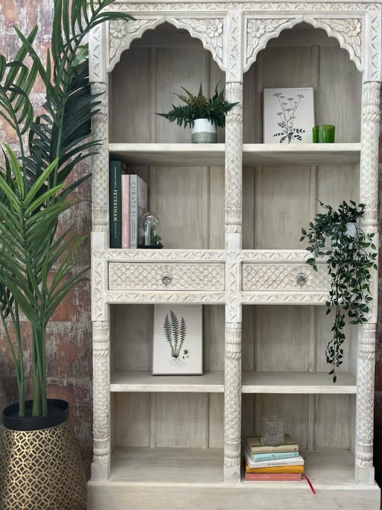 Kirei Home White Large Hand Carved Indian Bookcase - Image 1 of 5