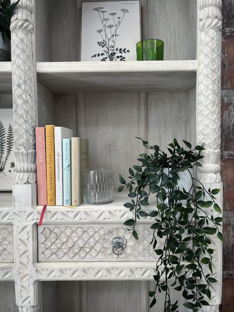 Kirei Home White Large Hand Carved Indian Bookcase - Image 2 of 5
