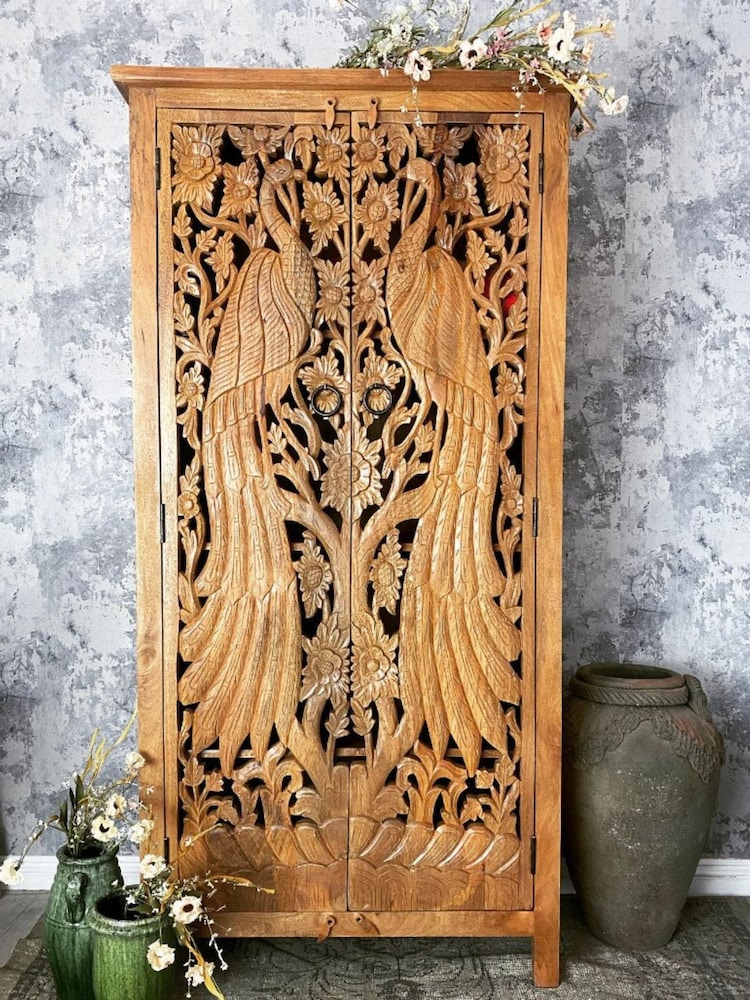 Kirei Home Natural Hand Carved Mango Wood Peacock Double Cabinet - Image 1 of 4