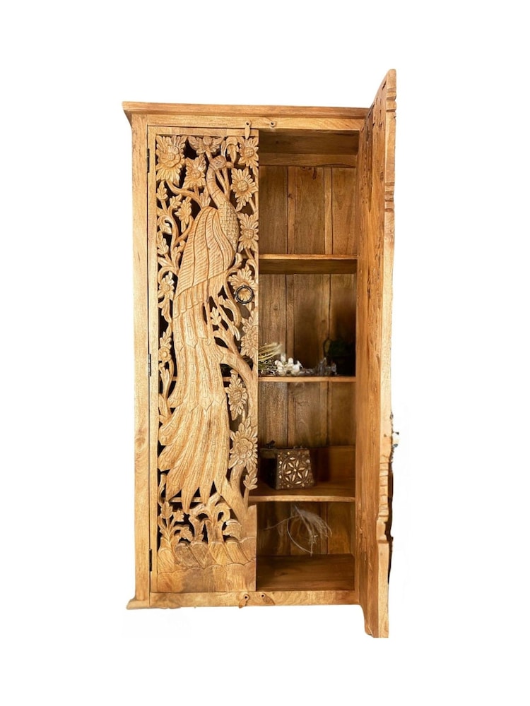 Kirei Home Natural Hand Carved Mango Wood Peacock Double Cabinet - Image 4 of 4