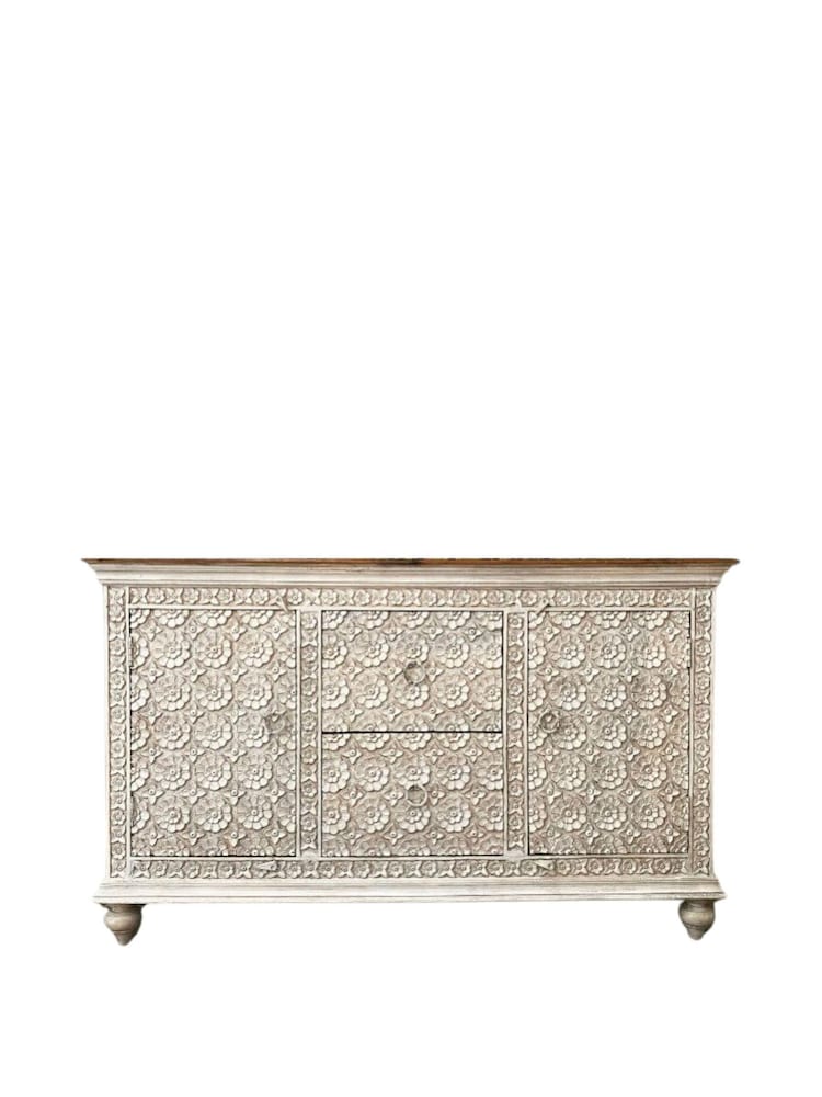 Kirei Home White Floral Hand Carved Mango Wood Sideboard - Image 1 of 1