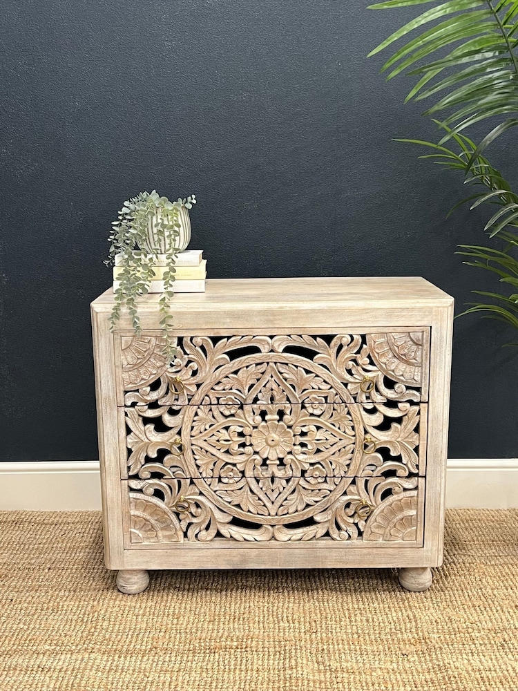 Kirei Home White Hand Carved Patterned 3 Drawer Chest - Image 1 of 4