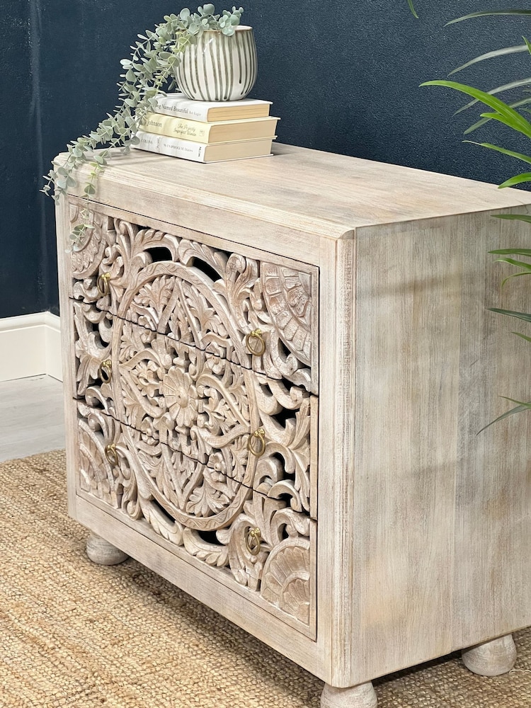 Kirei Home White Hand Carved Patterned 3 Drawer Chest - Image 2 of 4
