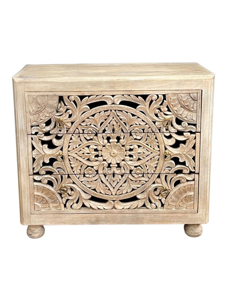 Kirei Home White Hand Carved Patterned 3 Drawer Chest - Image 4 of 4