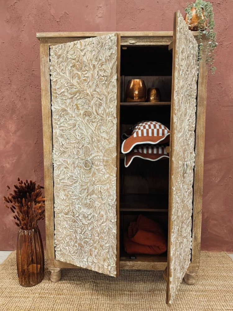 Kirei Home Cream Hand Carved Mango Wood Double Wardrobe - Image 2 of 4