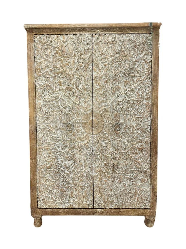 Kirei Home Cream Hand Carved Mango Wood Double Wardrobe - Image 4 of 4
