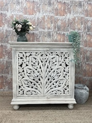 Kirei Home White Hand Carved Floral 2 Door Sideboard - Image 1 of 4