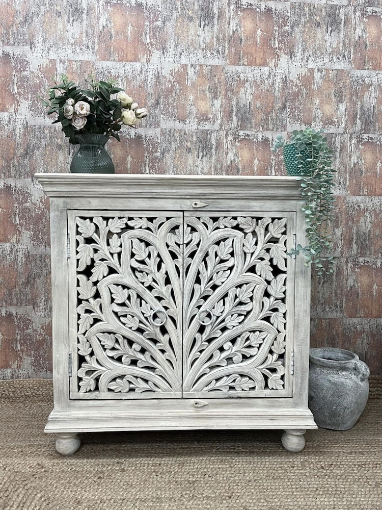 Kirei Home White Hand Carved Floral 2 Door Sideboard - Image 1 of 4