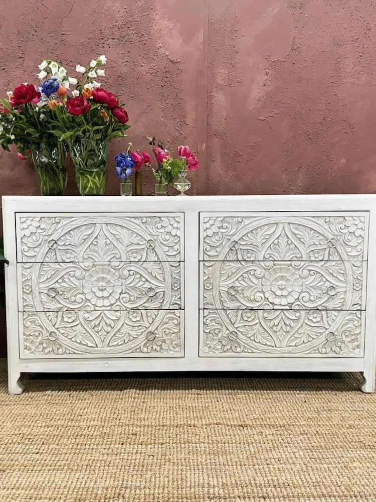 Kirei Home White Hand Carved Patterned 6 Drawer Chest - Image 1 of 5