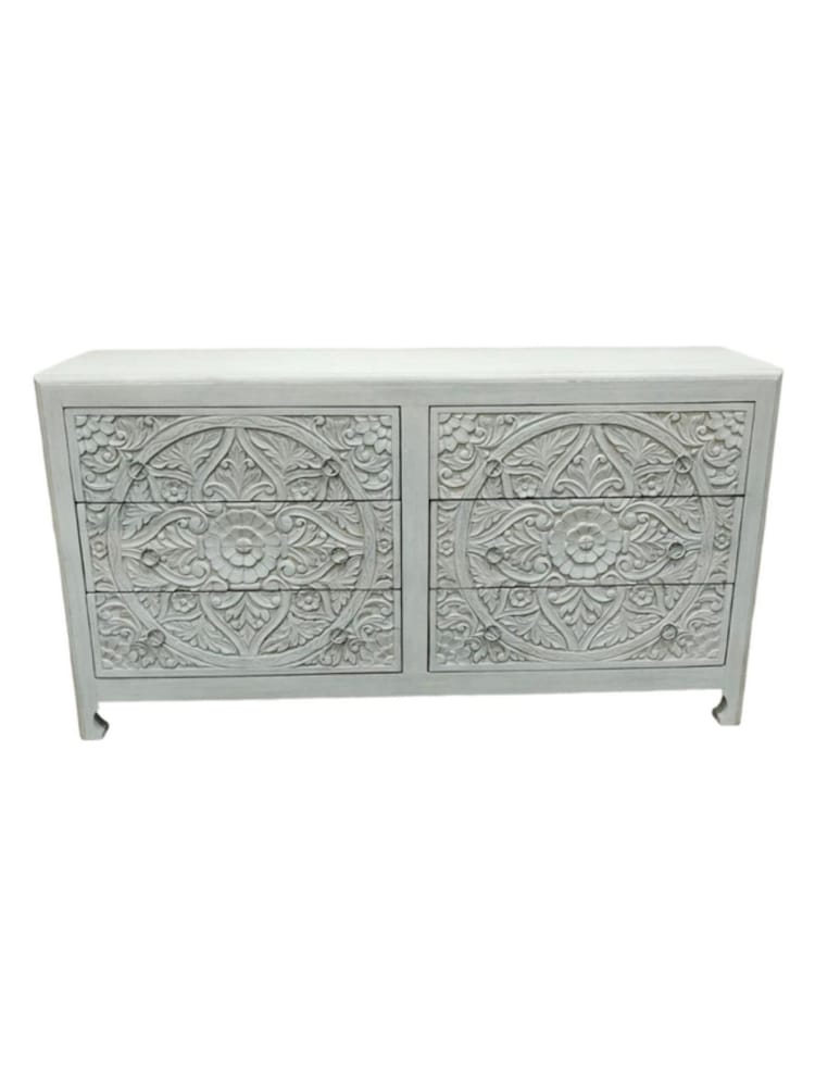 Kirei Home White Hand Carved Patterned 6 Drawer Chest - Image 2 of 5