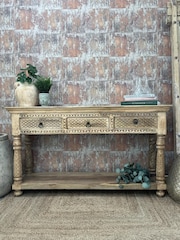 Kirei Home Natural Hand Carved 3 Drawer Console Table - Image 1 of 3