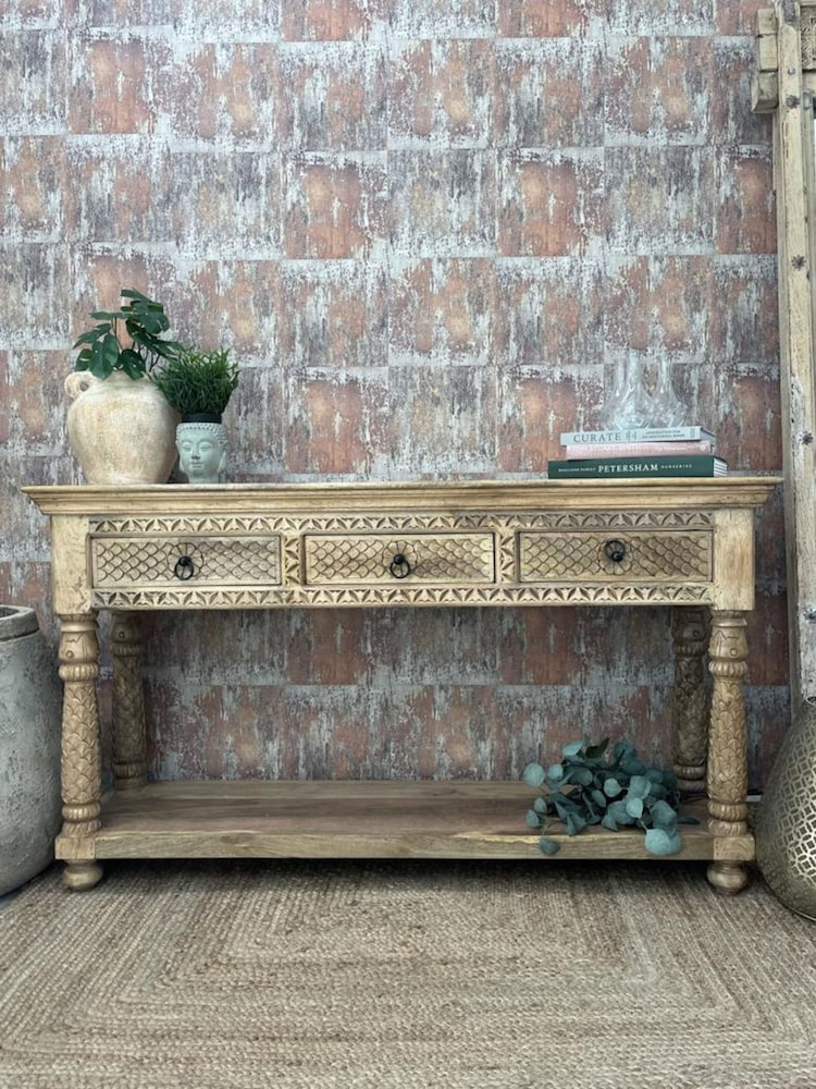 Kirei Home Natural Hand Carved 3 Drawer Console Table - Image 1 of 3