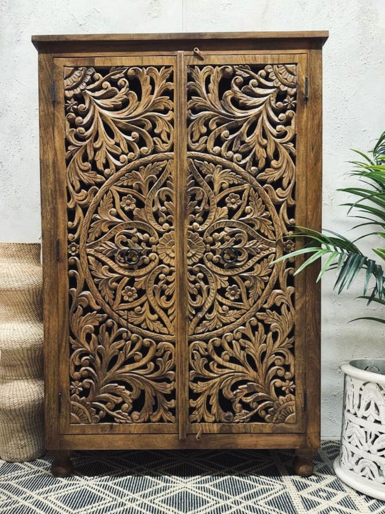 Kirei Home Natural Hand Carved Floral Patterned Double Cabinet - Image 1 of 2