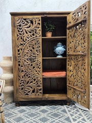 Kirei Home Natural Hand Carved Floral Patterned Double Cabinet - Image 2 of 2