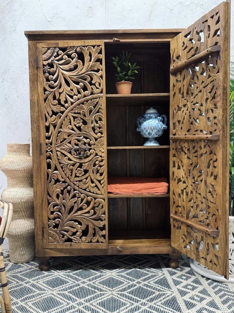 Kirei Home Natural Hand Carved Floral Patterned Double Cabinet - Image 2 of 2