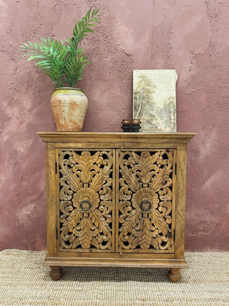 Kirei Home Natural Hand Carved Mango Wood 2 Door Sideboard - Image 1 of 4