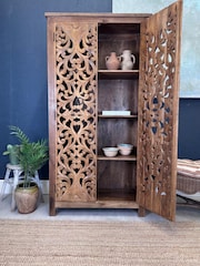 Kirei Home Natural Intricate Hand Carved Mango Wood Double Cabinet - Image 2 of 6