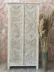 Kirei Home White Hand Carved Floral Patterned Double Wardrobe - Image 1 of 4