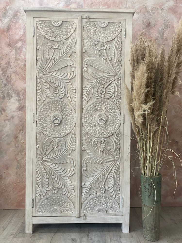 Kirei Home White Hand Carved Floral Patterned Double Wardrobe - Image 1 of 4