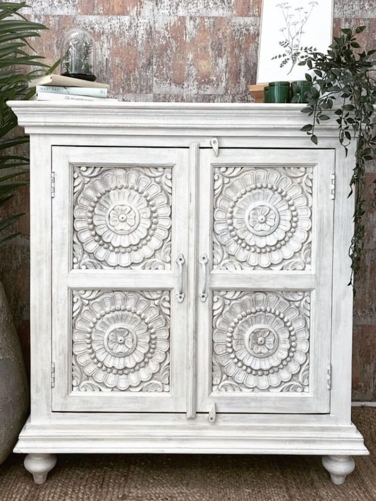 Kirei Home White Hand Carved Mango Wood 2 Door Sideboard - Image 1 of 3