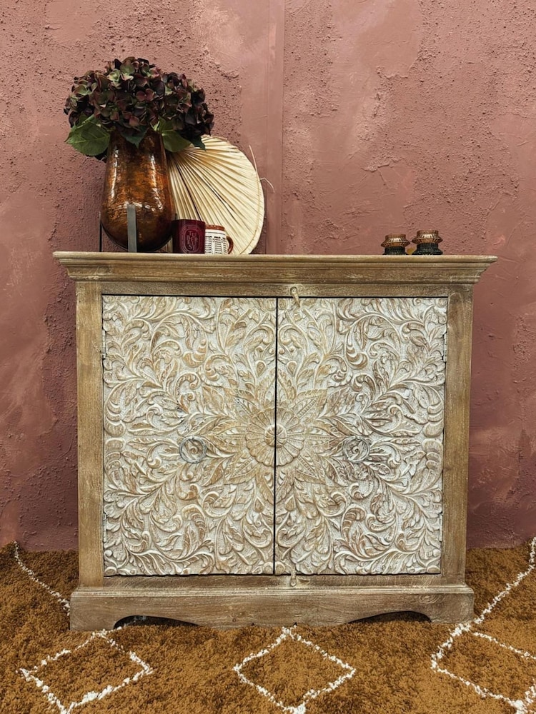 Kirei Home Cream 2 Door Hand Carved Mango Wood Sideboard - Image 1 of 4