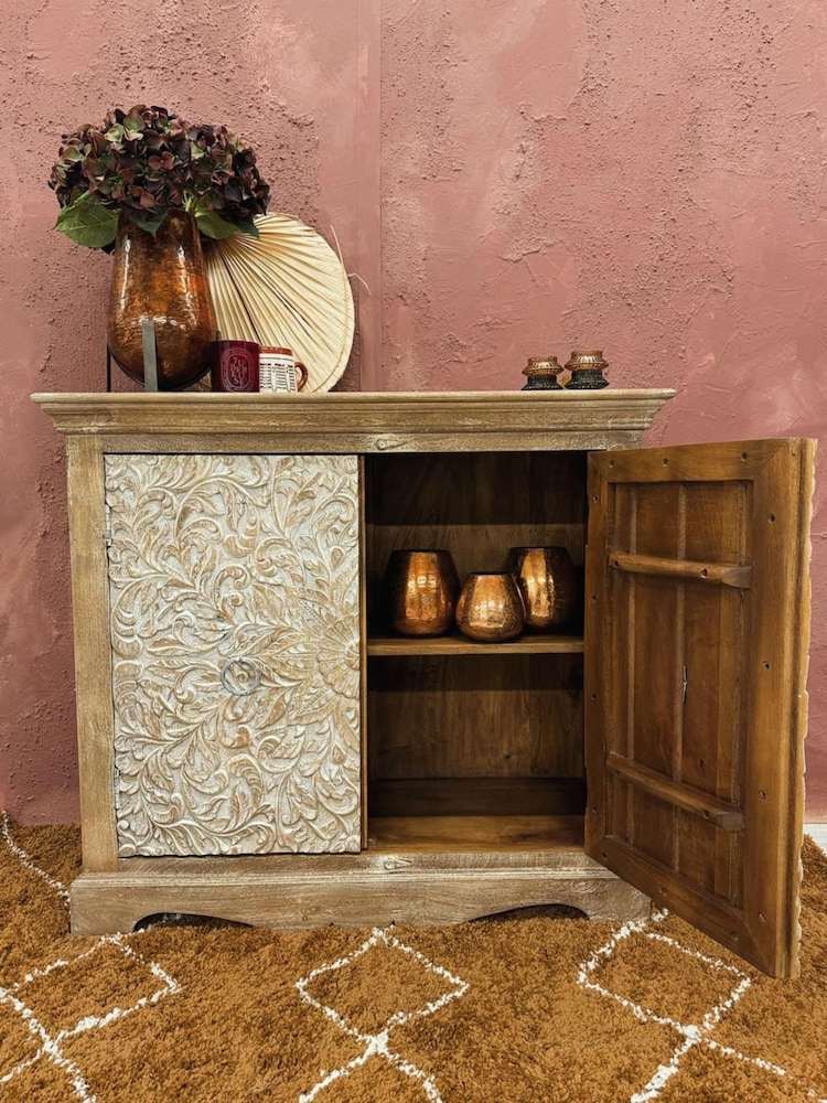 Kirei Home Cream 2 Door Hand Carved Mango Wood Sideboard - Image 2 of 4