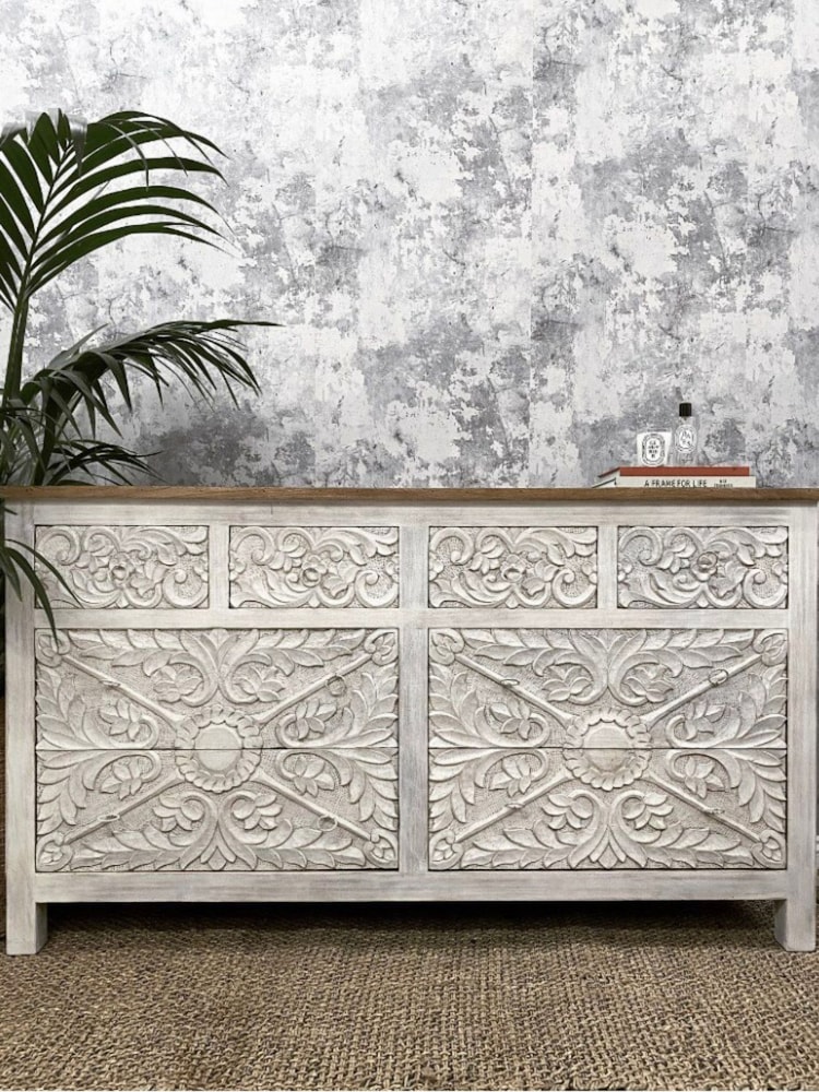Kirei Home White Hand Carved Mango Wood 8 Drawer Chest - Image 1 of 5