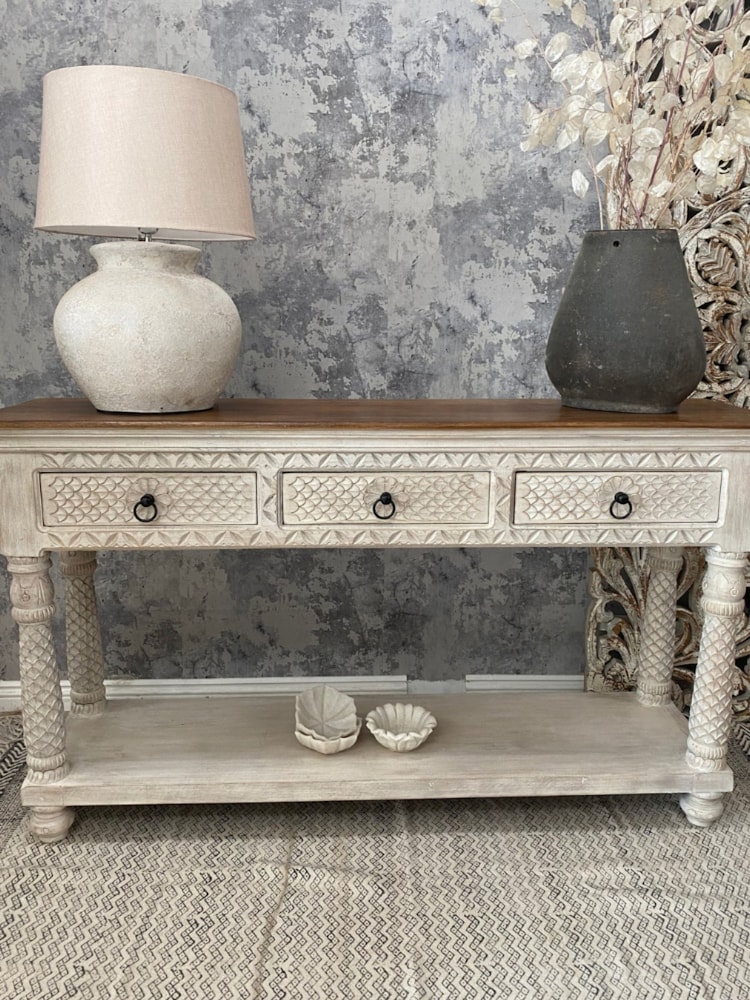 Kirei Home White Hand Carved 3 Drawer Console Table - Image 1 of 5