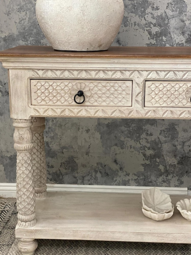 Kirei Home White Hand Carved 3 Drawer Console Table - Image 2 of 5