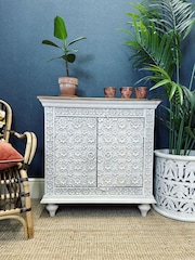 Kirei Home White Hand Carved Petal Design 2 Door Sideboard - Image 1 of 6